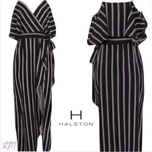 H‎ by Halston Dress Tie Belt Front Slit Black White Pinstripe SIze 8